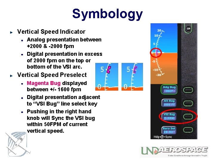 Symbology Vertical Speed Indicator Analog presentation between +2000 & -2000 fpm Digital presentation in