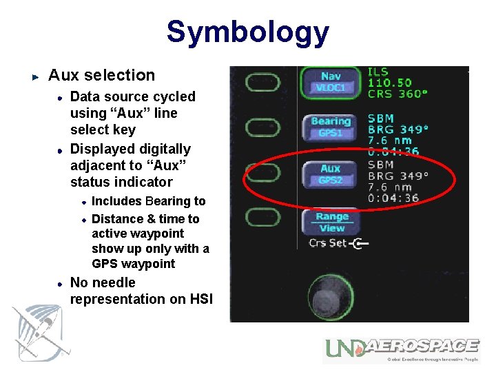 Symbology Aux selection Data source cycled using “Aux” line select key Displayed digitally adjacent