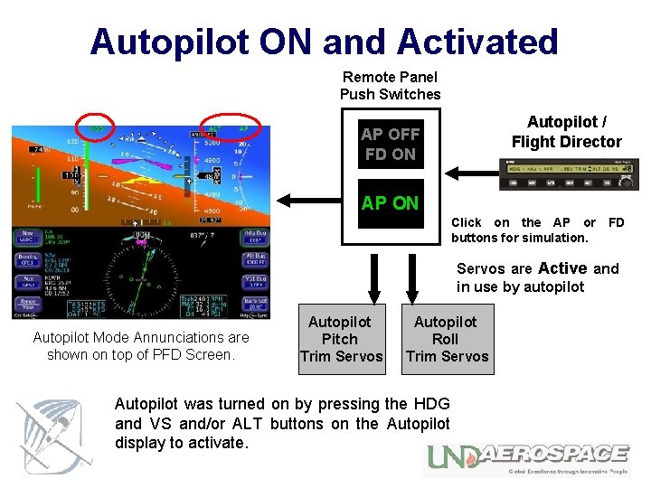 Autopilot ON and Activated Remote Panel Push Switches Autopilot / Flight Director AP OFF