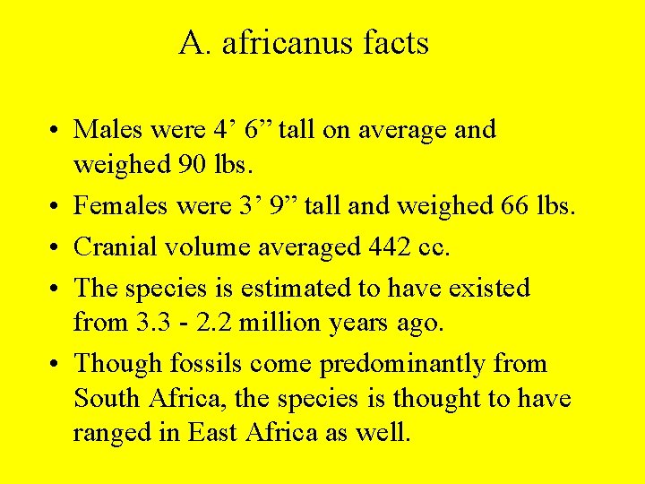 A. africanus facts • Males were 4’ 6” tall on average and weighed 90