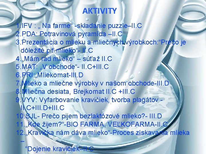 AKTIVITY 1. IFV : „ Na farme“ -skladanie puzzle–II. C 2. PDA: Potravinová pyramída