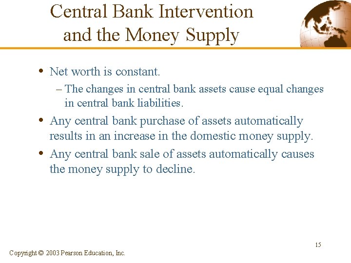 Central Bank Intervention and the Money Supply • Net worth is constant. – The