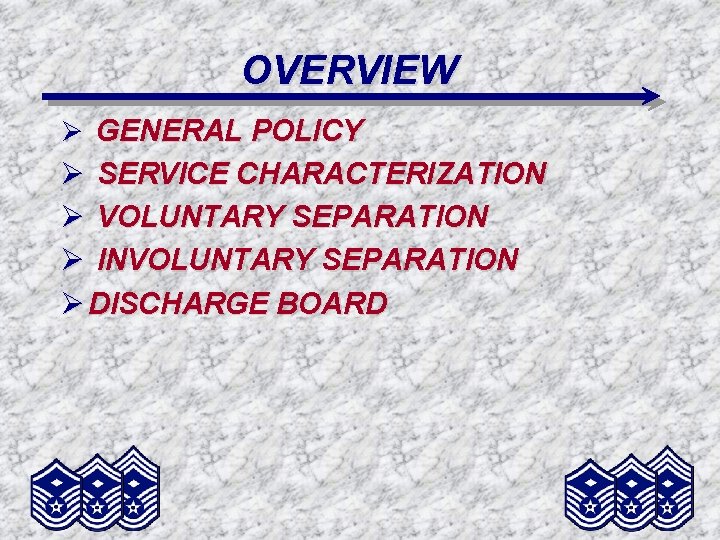 OVERVIEW Ø GENERAL POLICY Ø SERVICE CHARACTERIZATION Ø VOLUNTARY SEPARATION Ø INVOLUNTARY SEPARATION Ø