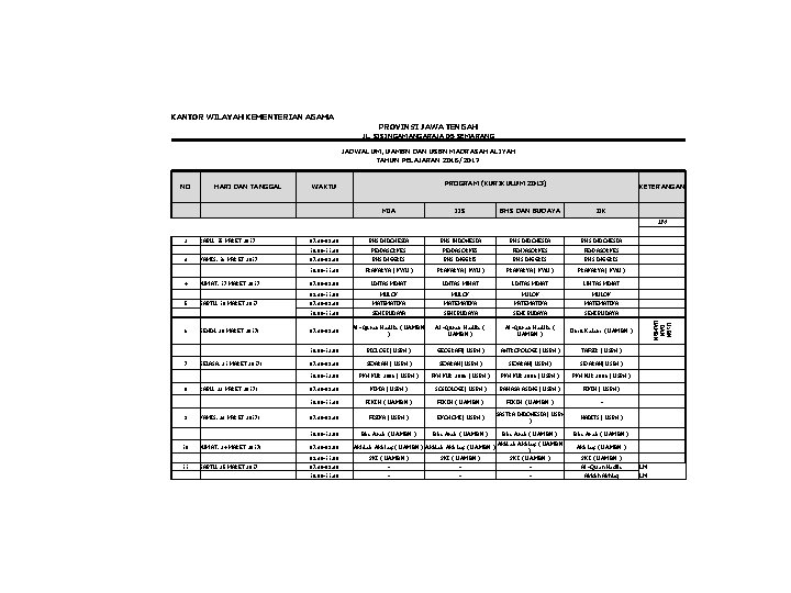 KANTOR WILAYAH KEMENTERIAN AGAMA PROVINSI JAWA TENGAH JL. SISINGAMANGARAJA 05 SEMARANG JADWAL UM, UAMBN