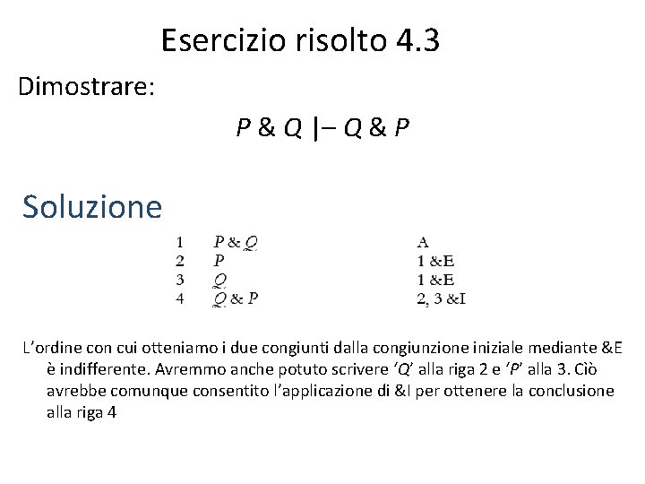 Esercizio risolto 4. 3 Dimostrare: P & Q |– Q & P Soluzione L’ordine