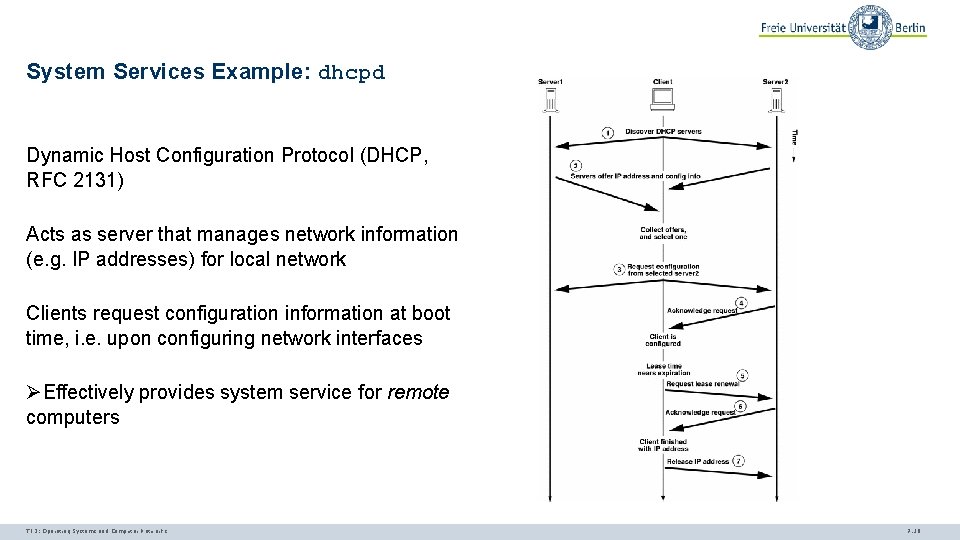 System Services Example: dhcpd Dynamic Host Configuration Protocol (DHCP, RFC 2131) Acts as server