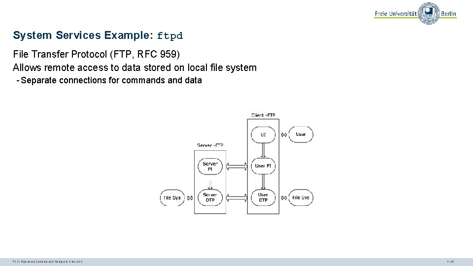 System Services Example: ftpd File Transfer Protocol (FTP, RFC 959) Allows remote access to