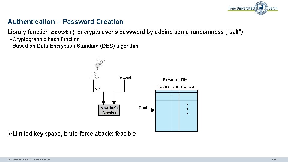 Authentication – Password Creation Library function crypt() encrypts user’s password by adding some randomness