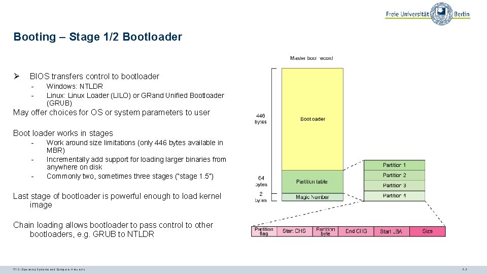 Booting – Stage 1/2 Bootloader Ø BIOS transfers control to bootloader - Windows: NTLDR