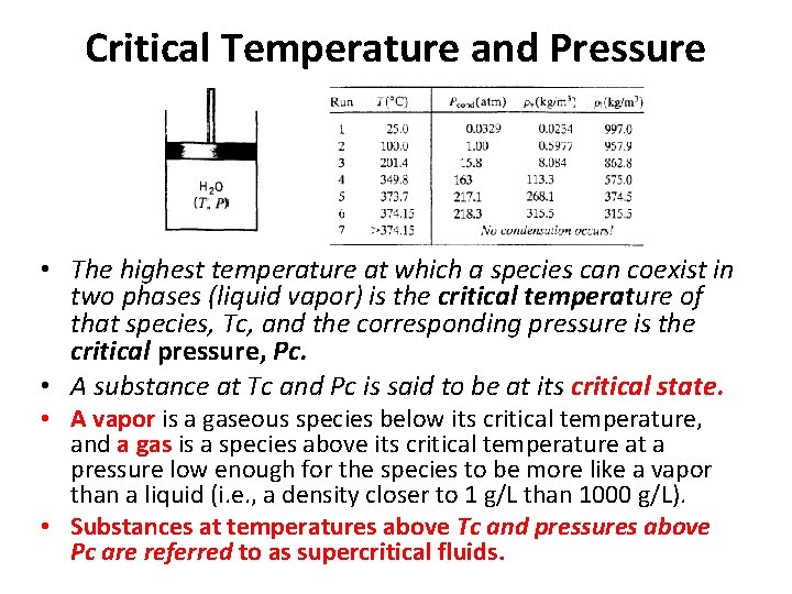 Critical Temperature and Pressure • The highest temperature at which a species can coexist