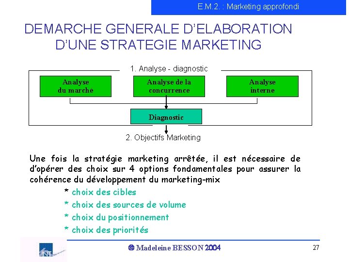 E. M. 2. : Marketing approfondi DEMARCHE GENERALE D’ELABORATION D’UNE STRATEGIE MARKETING 1. Analyse