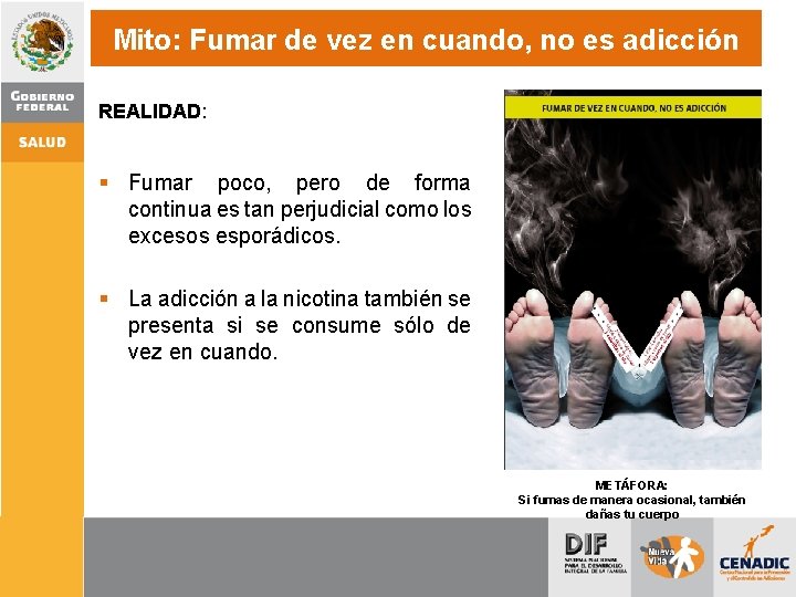 Mito: Fumar de vez en cuando, no es adicción REALIDAD: § Fumar poco, pero