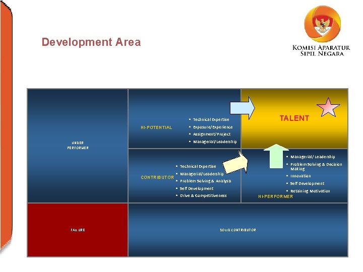 Development Area • Technical Expertise HI-POTENTIAL TALENT • Exposure/Experience • Assignment/Project • Managerial/Leadership UNDER