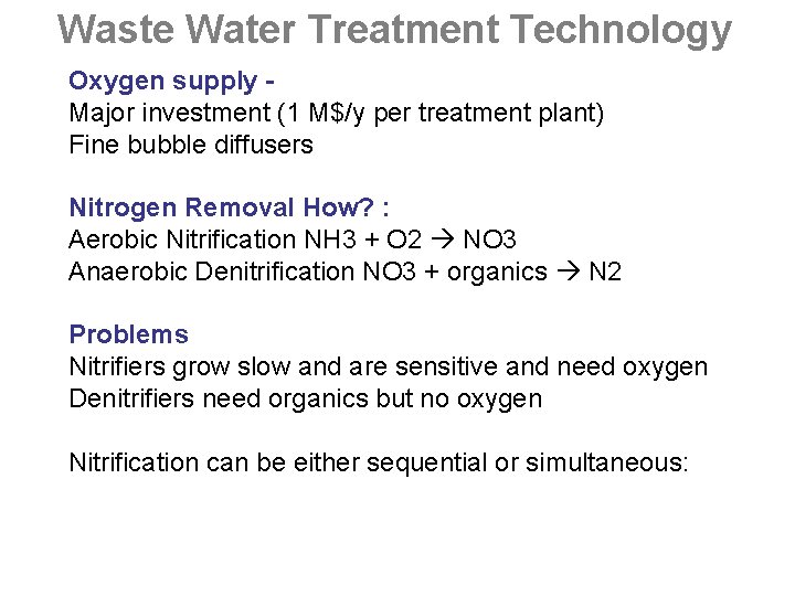 Waste Water Treatment Technology Oxygen supply Major investment (1 M$/y per treatment plant) Fine Waste Water Treatment Technology Oxygen supply Major investment (1 M$/y per treatment plant) Fine