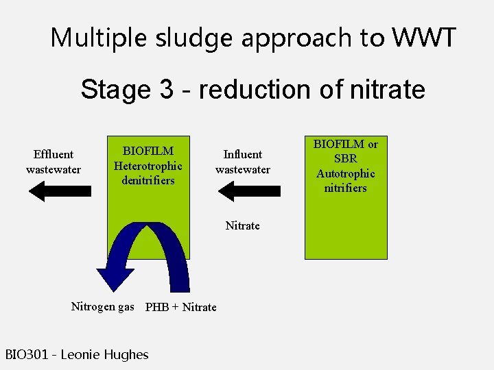 Multiple sludge approach to WWT Stage 3 reduction of nitrate Effluent wastewater BIOFILM Heterotrophic Multiple sludge approach to WWT Stage 3 reduction of nitrate Effluent wastewater BIOFILM Heterotrophic