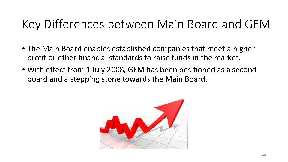 Key Differences between Main Board and GEM • The Main Board enables established companies