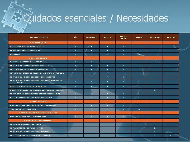 Cuidados esenciales / Necesidades CUIDADOS ESENCIALES N. DE DESARROLLO NIÑO ADOLESCENTE ADULTO MAYOR FAMILIA Cuidados esenciales / Necesidades CUIDADOS ESENCIALES N. DE DESARROLLO NIÑO ADOLESCENTE ADULTO MAYOR FAMILIA