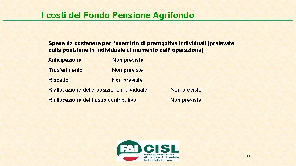 I costi del Fondo Pensione Agrifondo Spese da sostenere per l’esercizio di prerogative Individuali