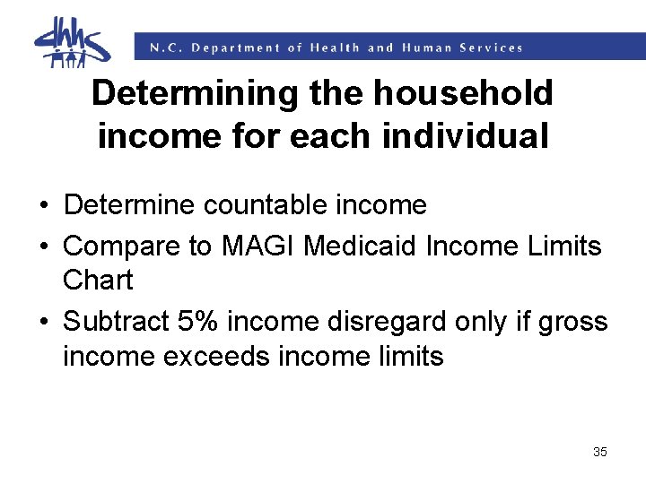 Determining the household income for each individual • Determine countable income • Compare to Determining the household income for each individual • Determine countable income • Compare to