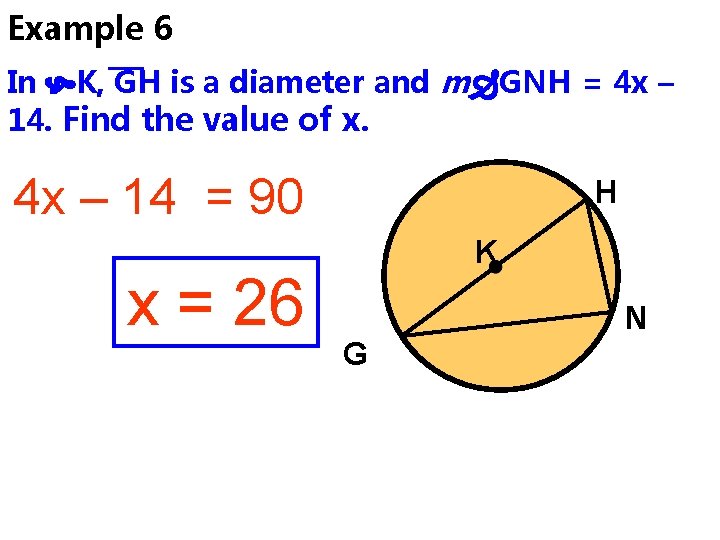 Example 6 In K, GH is a diameter and m GNH = 4 x Example 6 In K, GH is a diameter and m GNH = 4 x