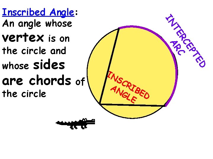 IN Inscribed Angle: An angle whose is on the circle and sides are chords IN Inscribed Angle: An angle whose is on the circle and sides are chords