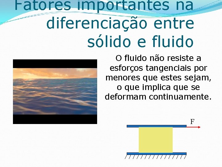 Fatores importantes na diferenciação entre sólido e fluido O fluido não resiste a esforços