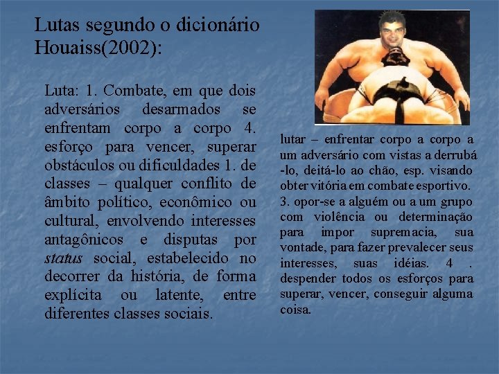 Lutas segundo o dicionário Houaiss(2002): Luta: 1. Combate, em que dois adversários desarmados se