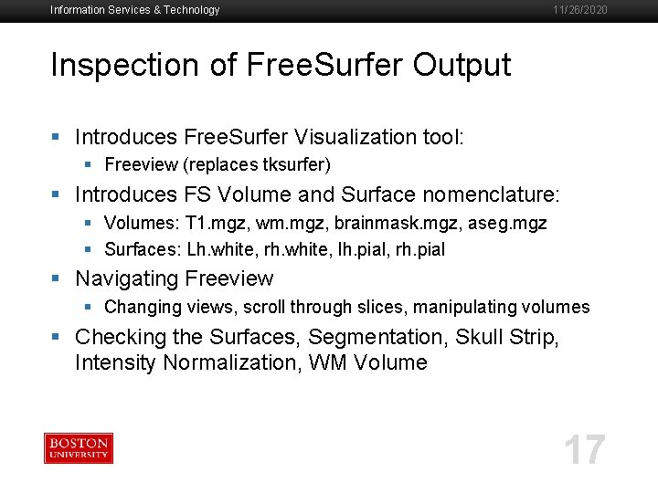 Information Services & Technology 11/26/2020 Inspection of Free. Surfer Output § Introduces Free. Surfer
