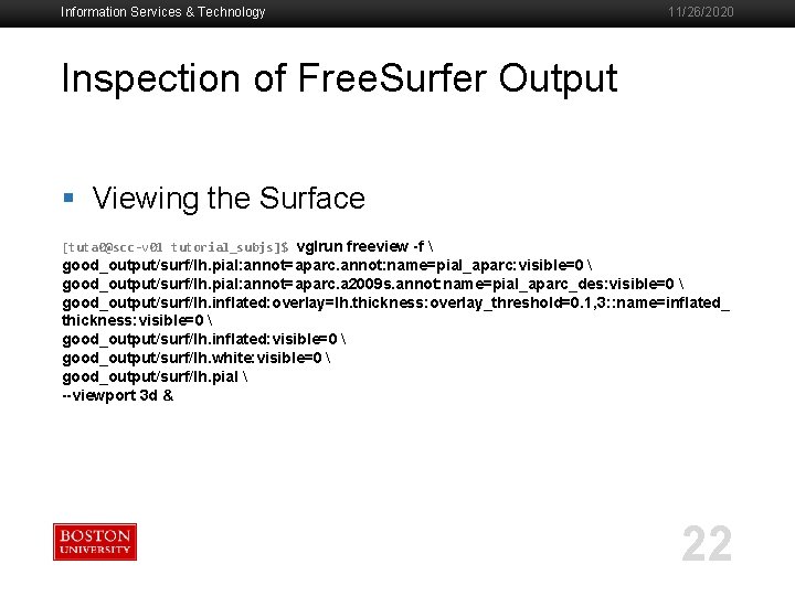 Information Services & Technology 11/26/2020 Inspection of Free. Surfer Output § Viewing the Surface