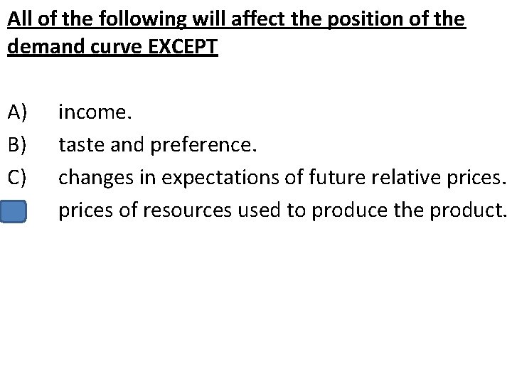 All of the following will affect the position of the demand curve EXCEPT A)