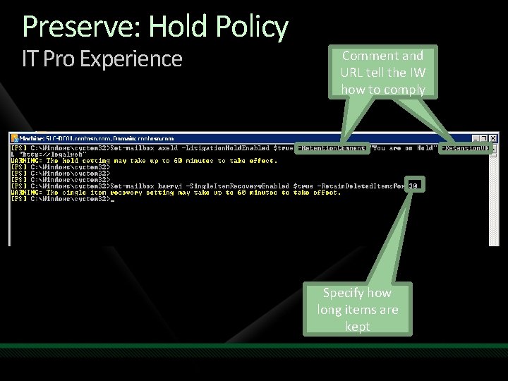 Preserve: Hold Policy IT Pro Experience Comment and URL tell the IW how to