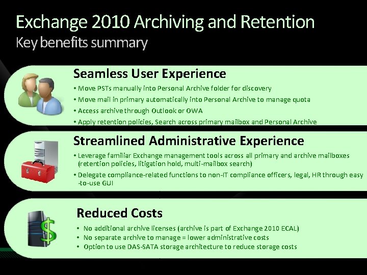 Exchange 2010 Archiving and Retention Key benefits summary Seamless User Experience • Move PSTs