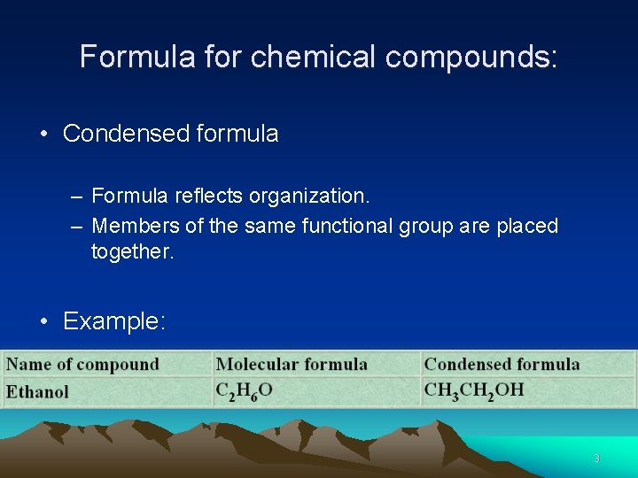 Formula for chemical compounds: • Condensed formula – Formula reflects organization. – Members of