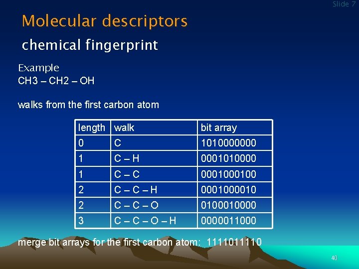 Slide 7 Molecular descriptors chemical fingerprint Example CH 3 – CH 2 – OH
