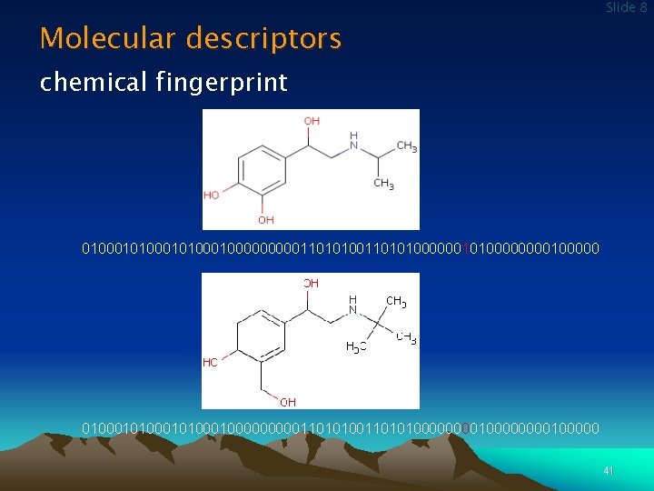 Molecular descriptors Slide 8 chemical fingerprint 010001010000000001101010000001010000100000 0100010100000000011010100000000100000 41 