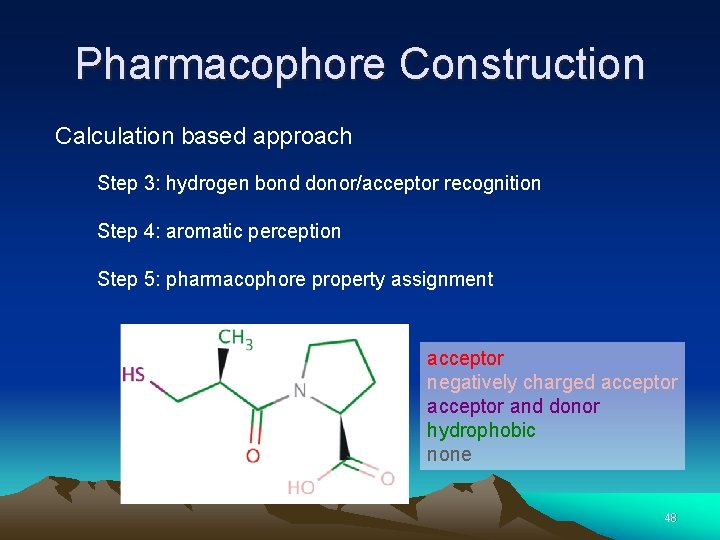 Pharmacophore Construction Calculation based approach Step 3: hydrogen bond donor/acceptor recognition Step 4: aromatic