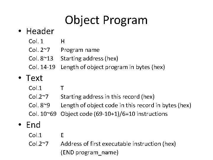  • Header Col. 1 Col. 2~7 Col. 8~13 Col. 14 -19 Object Program