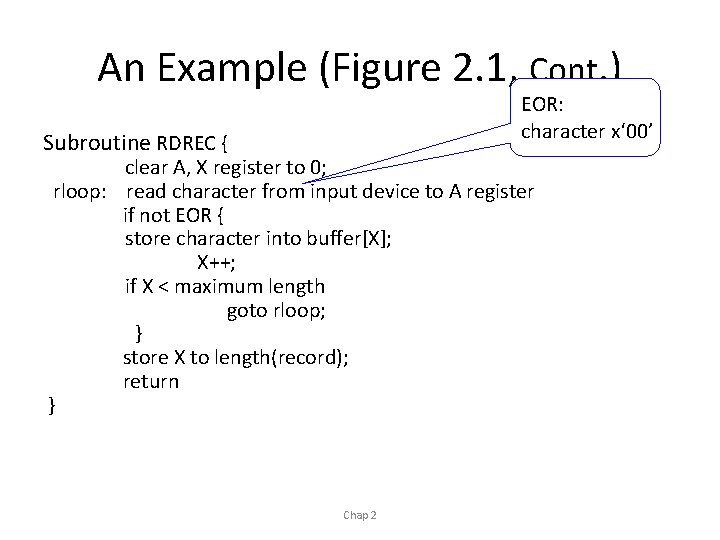 An Example (Figure 2. 1, Cont. ) EOR: character x‘ 00’ Subroutine RDREC {