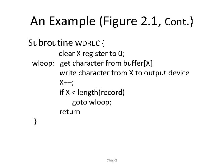An Example (Figure 2. 1, Cont. ) Subroutine WDREC { clear X register to