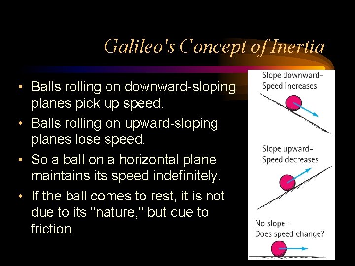 Galileo's Concept of Inertia • Balls rolling on downward-sloping planes pick up speed. •