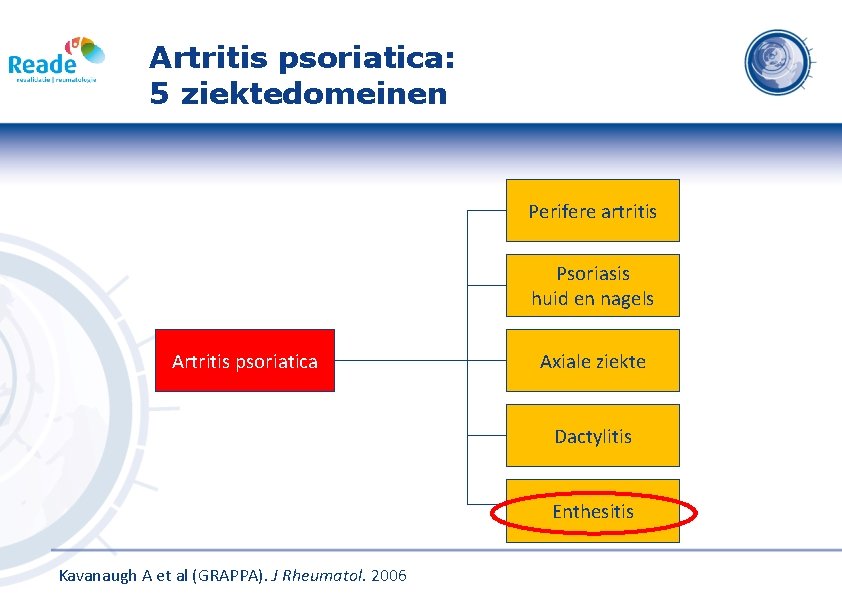 Artritis psoriatica: 5 ziektedomeinen Perifere artritis Psoriasis huid en nagels Artritis psoriatica Axiale ziekte