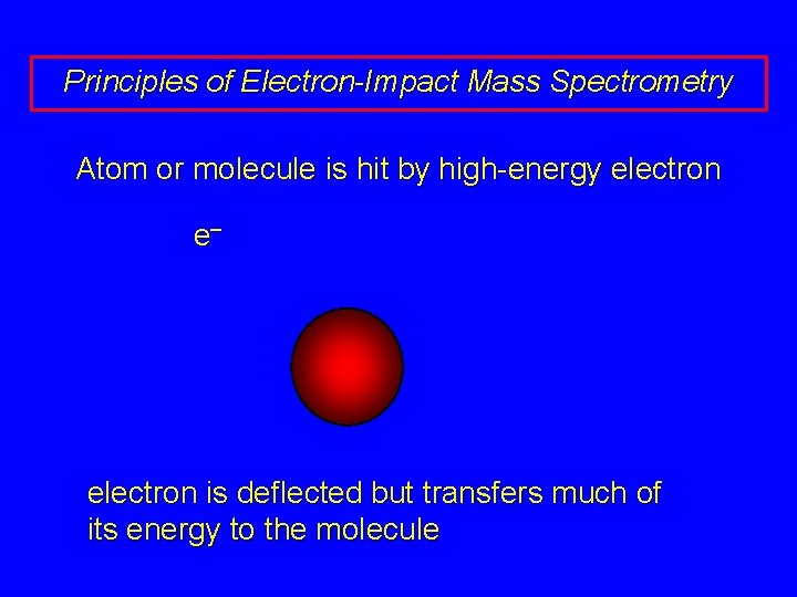 Principles of Electron-Impact Mass Spectrometry Atom or molecule is hit by high-energy electron e–