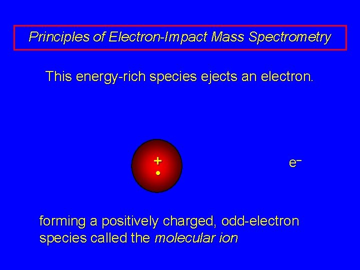 Principles of Electron-Impact Mass Spectrometry This energy-rich species ejects an electron. + • e–