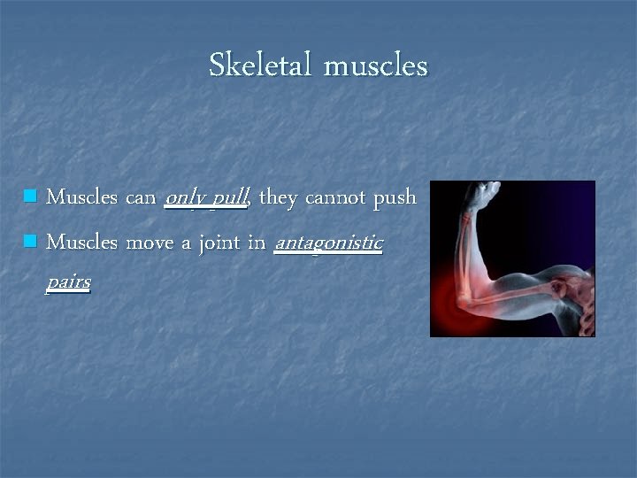 Skeletal muscles Muscles can only pull, they cannot push n Muscles move a joint