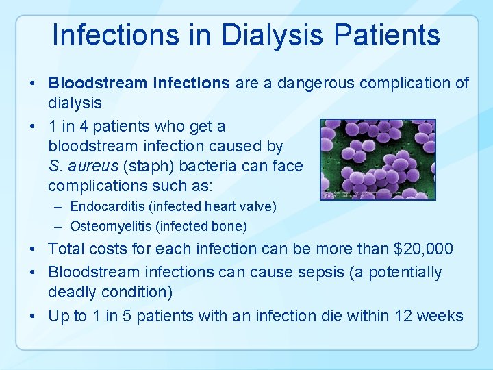 Infections in Dialysis Patients • Bloodstream infections are a dangerous complication of dialysis •