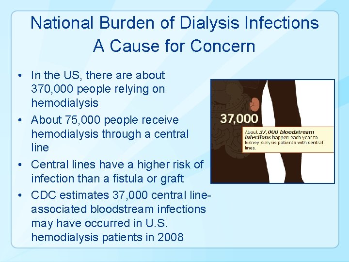 National Burden of Dialysis Infections A Cause for Concern • In the US, there