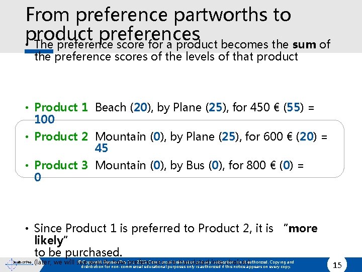 From preference partworths to product preferences • The preference score for a product becomes