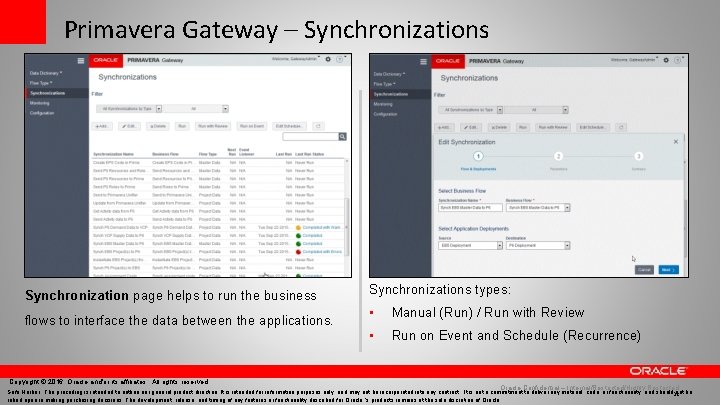 Primavera Gateway – Synchronizations Synchronization page helps to run the business flows to interface