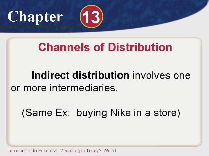 Chapter 13 Channels of Distribution Indirect distribution involves one or more intermediaries. (Same Ex: Chapter 13 Channels of Distribution Indirect distribution involves one or more intermediaries. (Same Ex: