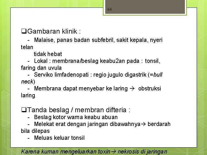 44 q. Gambaran klinik : - Malaise, panas badan subfebril, sakit kepala, nyeri telan 44 q. Gambaran klinik : - Malaise, panas badan subfebril, sakit kepala, nyeri telan